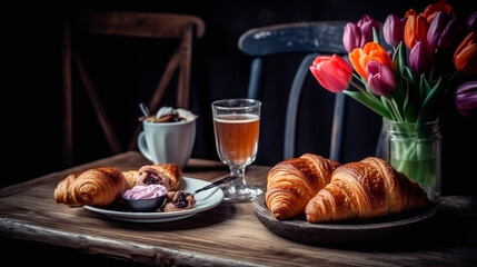 Croissants for breakfast, coffee juice and tulips on the table. Generative AI,