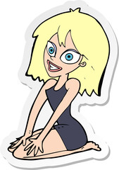 sticker of a cartoon happy woman in dress