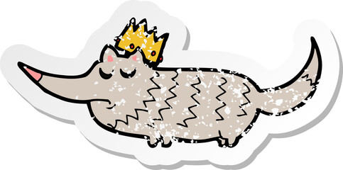 retro distressed sticker of a cartoon little wolf with crown