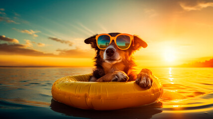 Happy smiling dog in sunglasses, with a cocktail on an inflated swimming ring, on the sea. Generative AI,