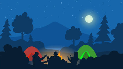 people silhouettes sitting around the fire night camping landscape forest campfire  tents vector illustration