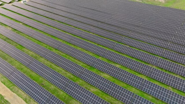 Solarpark in the of BASF Schwarzheide Production Side. Drone move up 