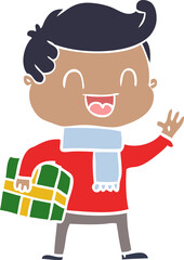 flat color style cartoon laughing man holding gift