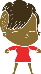 flat color style cartoon squinting girl