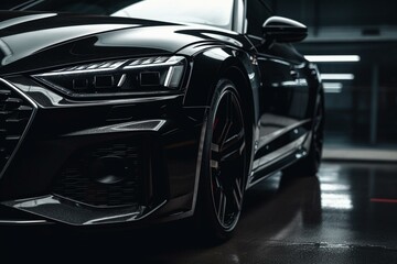 Obraz na płótnie Canvas Sleek black luxury car in professional lighting. Generative AI