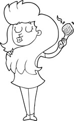 freehand drawn black and white cartoon woman brushing hair