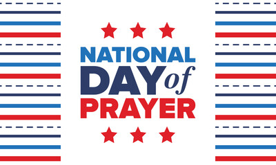 National Day of Prayer in United States. First Thursday of May. Annual day when Americans turn to God in prayer and meditation. Poster, card, banner and background. Vector illustration