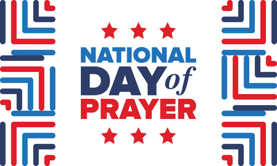 National Day of Prayer in United States. First Thursday of May. Annual day when Americans turn to God in prayer and meditation. Poster, card, banner and background. Vector illustration