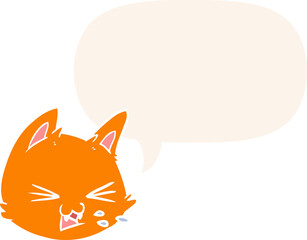 spitting cartoon cat face with speech bubble in retro style