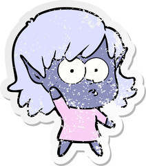 distressed sticker of a cartoon elf girl waving