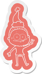 quirky cartoon  sticker of a happy old woman wearing santa hat