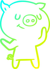 cold gradient line drawing of a happy cartoon pig