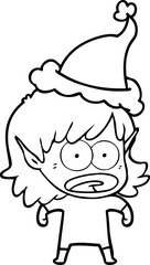 Obraz na płótnie Canvas hand drawn line drawing of a shocked elf girl wearing santa hat
