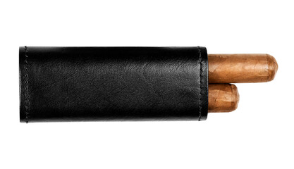 Black leather case and two Cuban cigars isolated on transparent background