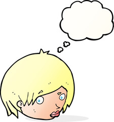 cartoon female face with raised eyebrow with thought bubble