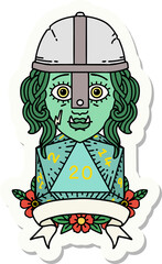 sticker of a half orc fighter with natural twenty dice roll