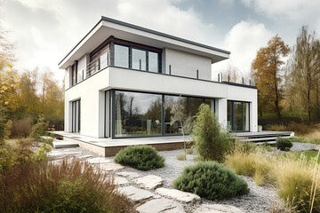 Fototapeta na wymiar New Modern House with Large Windows and Garden in Rural Area Under Beautiful Sky, Generative AI