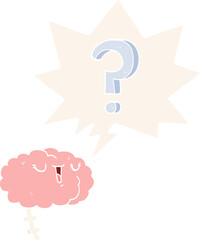 cartoon curious brain with speech bubble in retro style