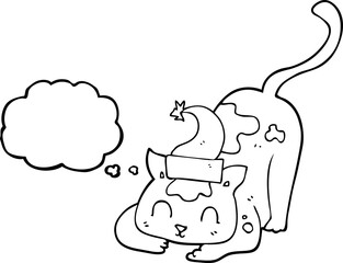 freehand drawn thought bubble cartoon cat wearing christmas hat