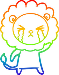 rainbow gradient line drawing of a cartoon crying lion