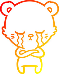 warm gradient line drawing of a crying cartoon bear with folded arms