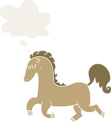 cartoon horse running with thought bubble in retro style