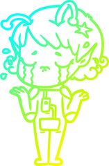cold gradient line drawing of a cartoon crying alien girl