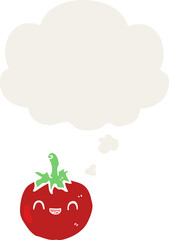 cute cartoon tomato with thought bubble in retro style
