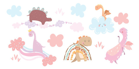 Set of pink baby dinosaur, cloud, hearts. Girl and boy baby shower elements. Cute little dino, vector illustration on white background.
