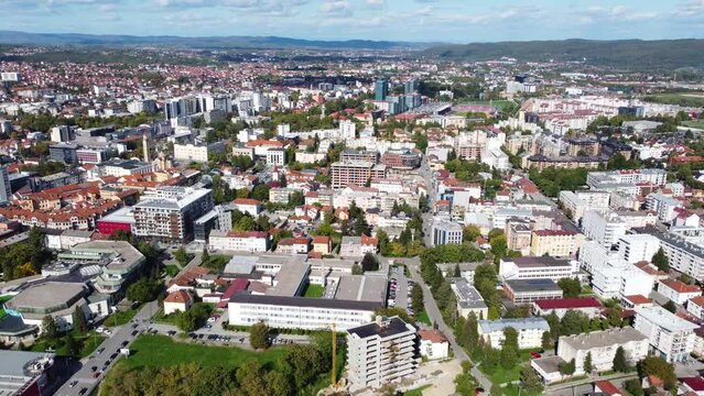 Aerial drone view of Banja Luka, Bosnia and Herzegovina. Buildings, streets, parks and residential houses. City center of Banja Luka, view from above. 