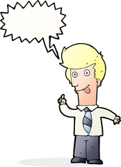cartoon office man with crazy idea with speech bubble