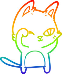 rainbow gradient line drawing of a cartoon cat rubbing eye