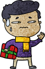 cartoon anxious man with christmas gift