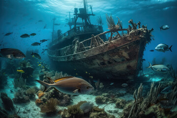 Naklejka na ściany i meble Tropical reef shipwreck - abandoned vessel and reef life - generative AI