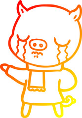 warm gradient line drawing of a cartoon crying pig wearing scarf