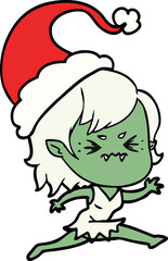 annoyed hand drawn line drawing of a vampire girl wearing santa hat
