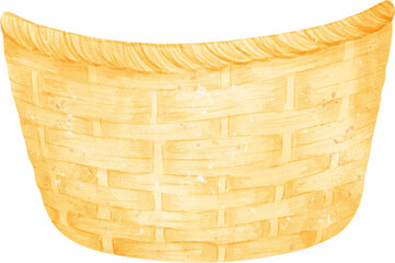 Empty wicker wooden picnic basket handle no watercolor illustration