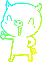 cold gradient line drawing of a happy cartoon pig