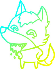 cold gradient line drawing of a cartoon hungry wolf