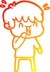 warm gradient line drawing of a cartoon laughing boy