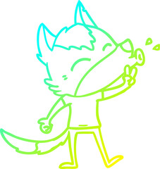 cold gradient line drawing of a howling cartoon wolf wearing clothes