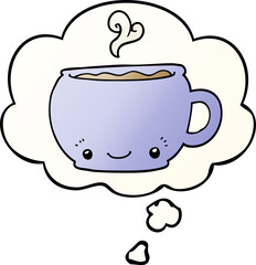 cartoon hot cup of coffee with thought bubble in smooth gradient style