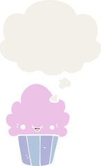 cartoon cupcake with face with thought bubble in retro style