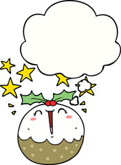 cute cartoon happy christmas pudding with thought bubble