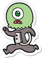 sticker of a cartoon cyclops alien spaceman running