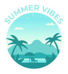 Summer beach vibes vector icon. Beach illustration with shiselong, palm tree, sea and islands. Beach at dawn atmospheric illustration in blue shades