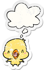 cartoon happy bird with thought bubble as a distressed worn sticker