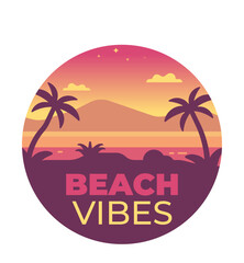 Fototapeta na wymiar Summer beach vibes vector icon. Beach illustration with palm tree, sea and islands. Beach at sunset atmospheric illustration