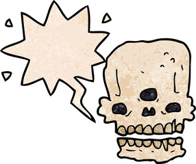 cartoon spooky skull with speech bubble in retro texture style