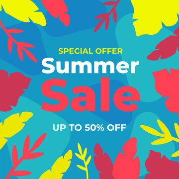 Summer sale banner with typography and plants on the sides. Floral illustration with tropical leaves. Special offer banner, brochure, flyer, coupon and business card
